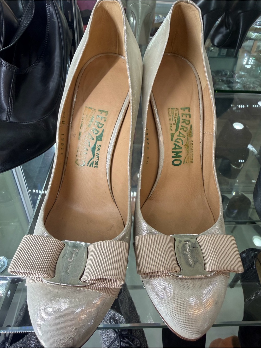 Salvatore Ferragamo Metallic Beige Bow Pumps